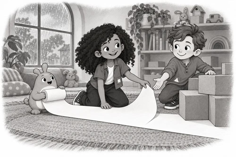 Concept sketch of two children and a small round creature building with cardboard on a rug