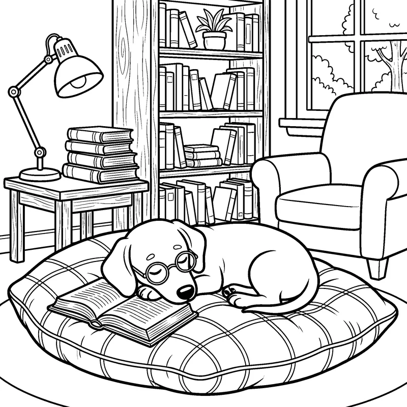 Line art: a dachshund asleep on a cushion in front of a bookshelf