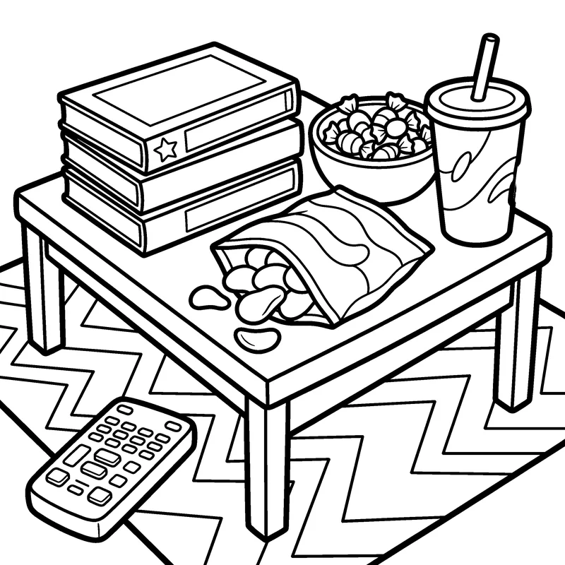 Line art: video cases, chips and a soda cup on a low table