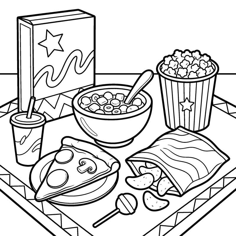 Line art page from Snack Back to the 90s: cereal box, pizza slice, candies, soda cup, chips and popcorn on a table